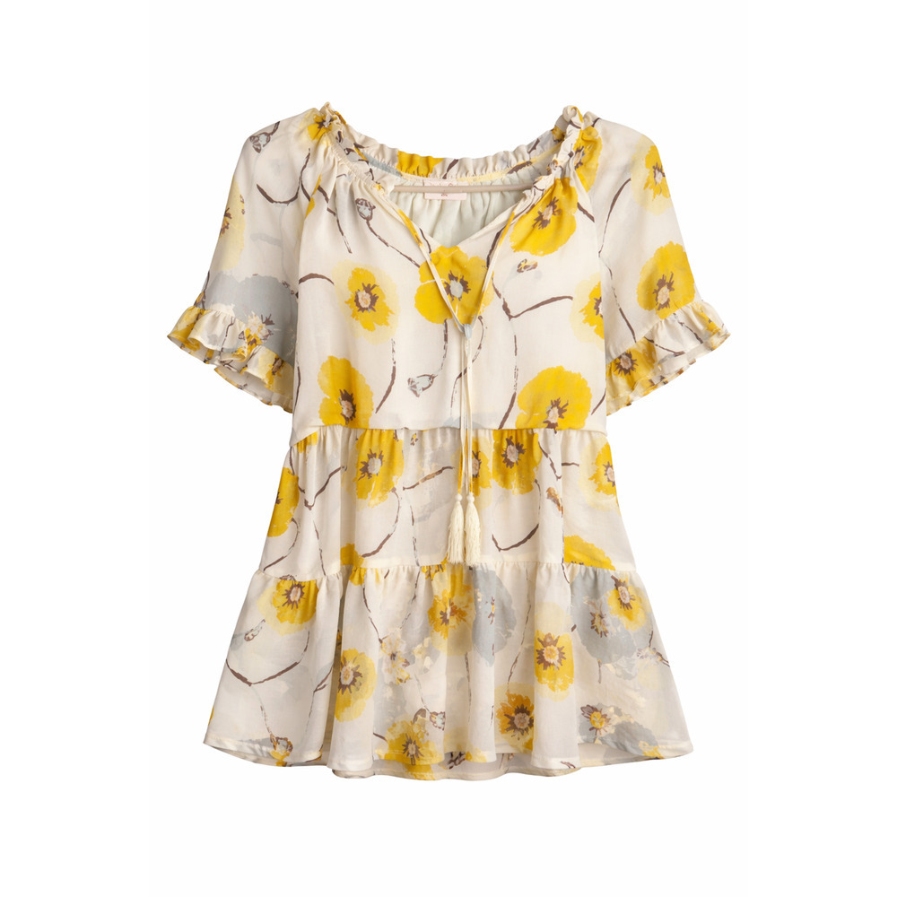 Hailey & Co Cream Yellow Floral Boho Peasant Tunic Top Romantic Small